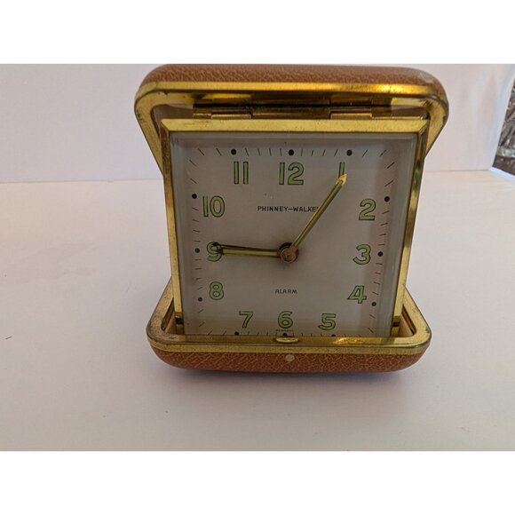 Vintage Phinney-Walker Travel Alarm Clock Gold & Brown Folding Case - Picture 3 of 7